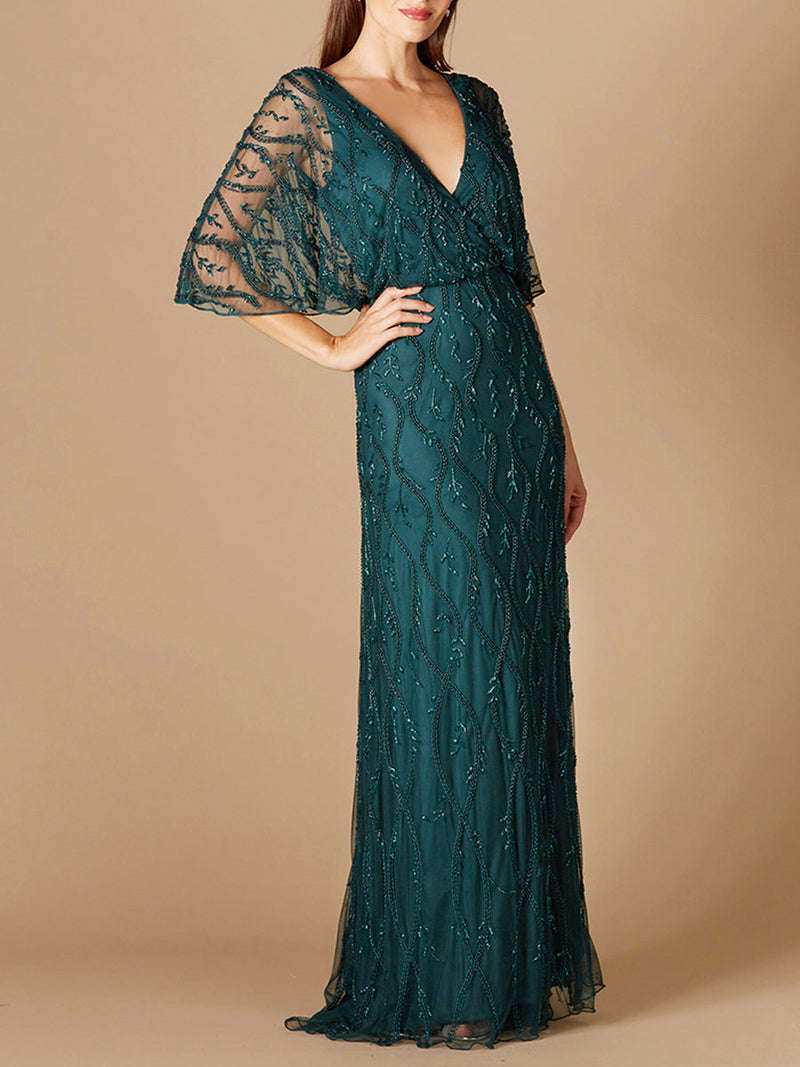 Illusion Cape Sleeve Beaded Gown - Glamourous Grace