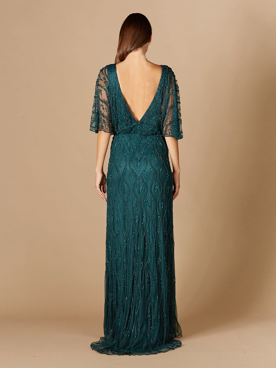 Illusion Cape Sleeve Beaded Gown - Glamourous Grace