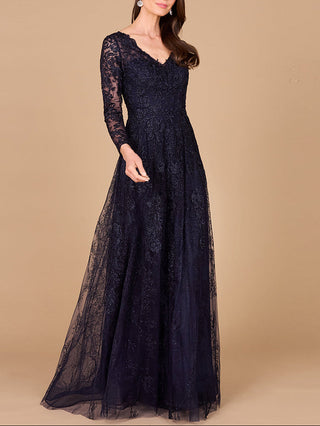 Long Sleeve V-Neck Lace Gown - Glamourous Grace