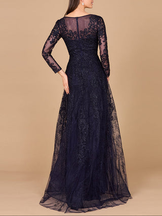 Long Sleeve V-Neck Lace Gown - Glamourous Grace