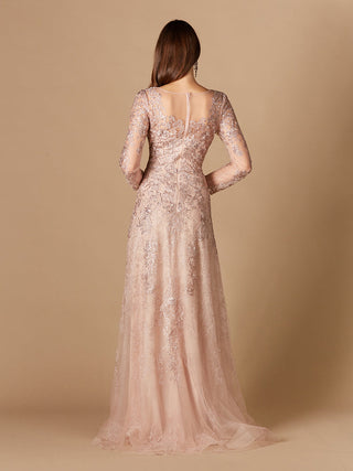 Long Sleeve V-Neck Lace Gown - Glamourous Grace