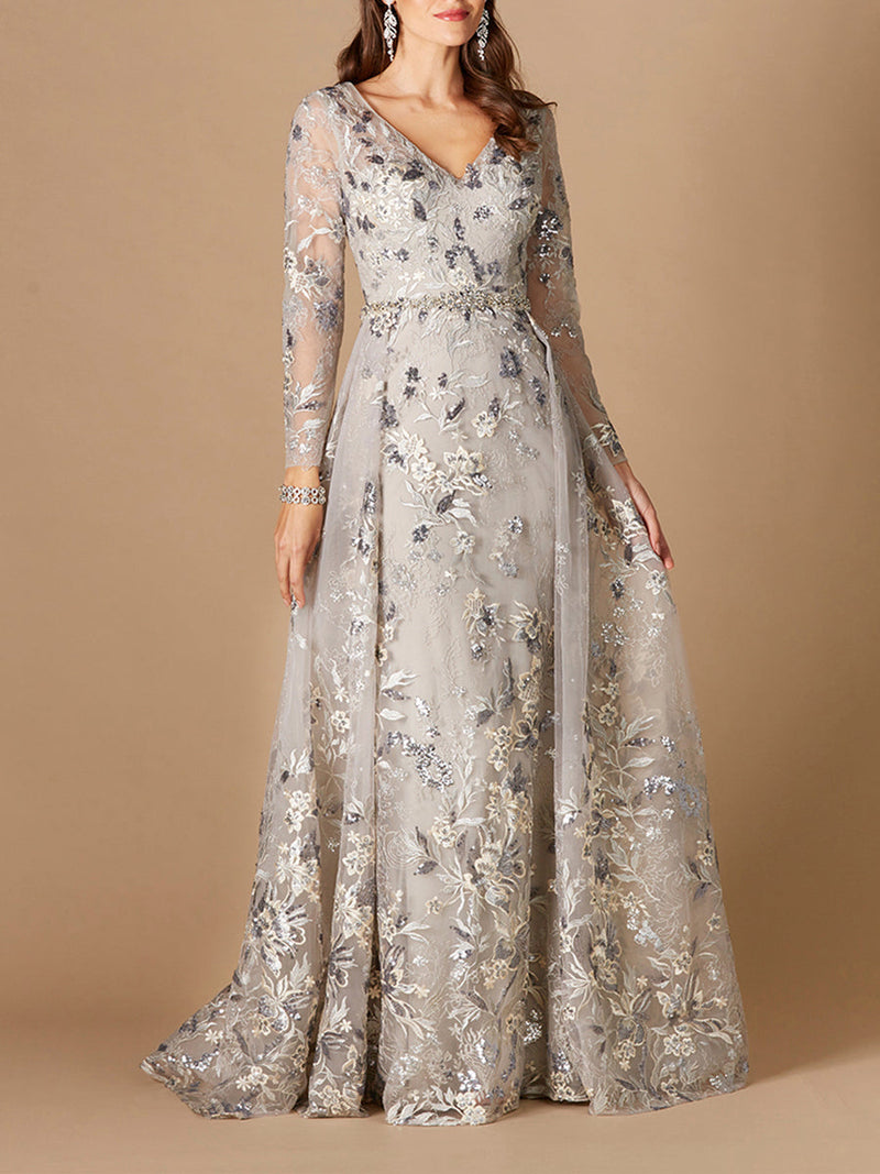 Long Sleeve V-Neck Gown with Attached Overskirt OUTLET - Glamourous Grace