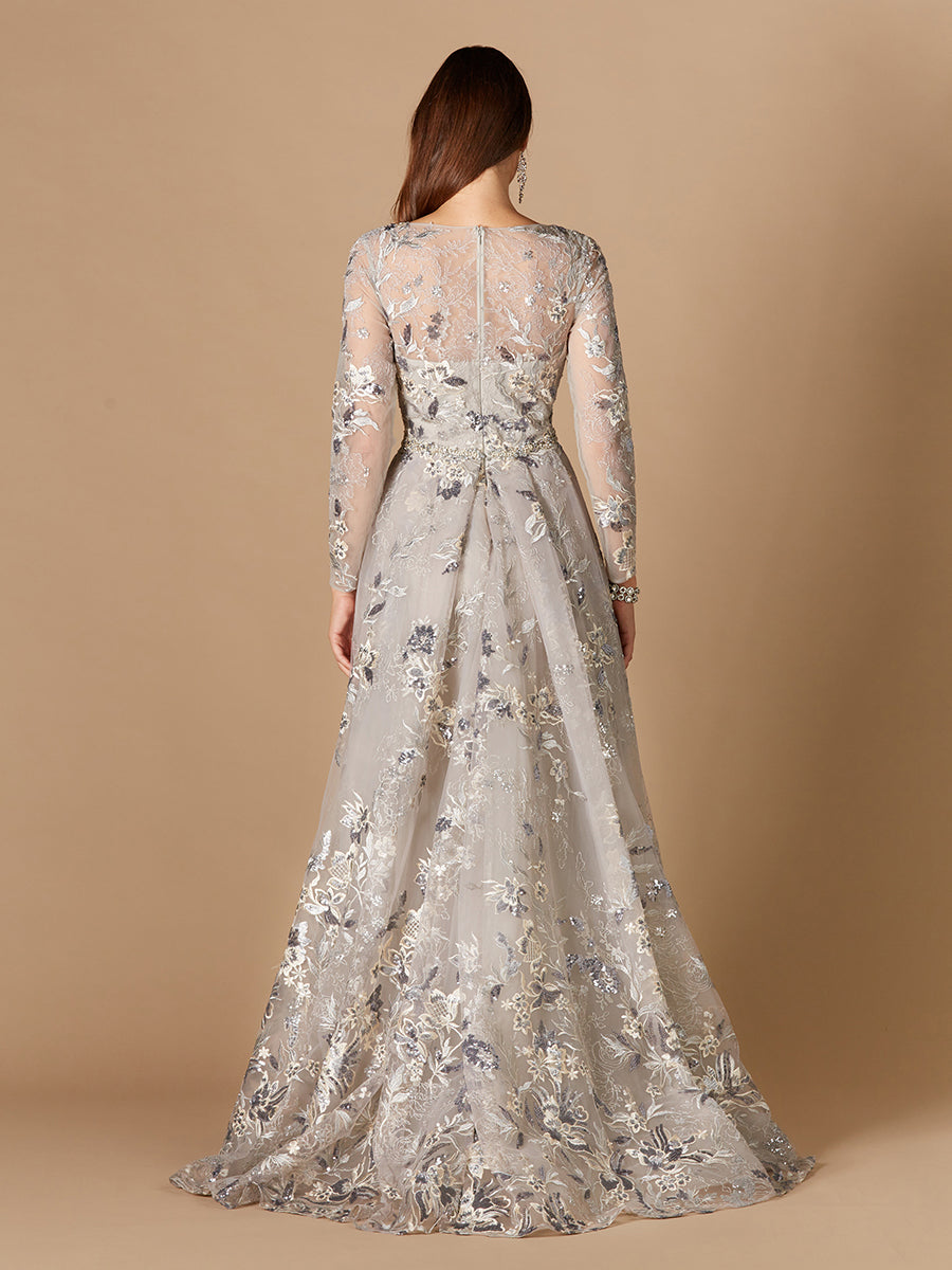 Long Sleeve V-Neck Gown with Attached Overskirt OUTLET - Glamourous Grace