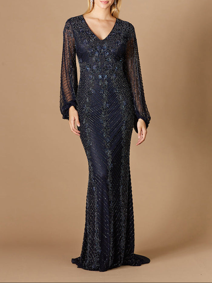 Long Sleeve Beaded Gown with Balloon Sleeves - Glamourous Grace