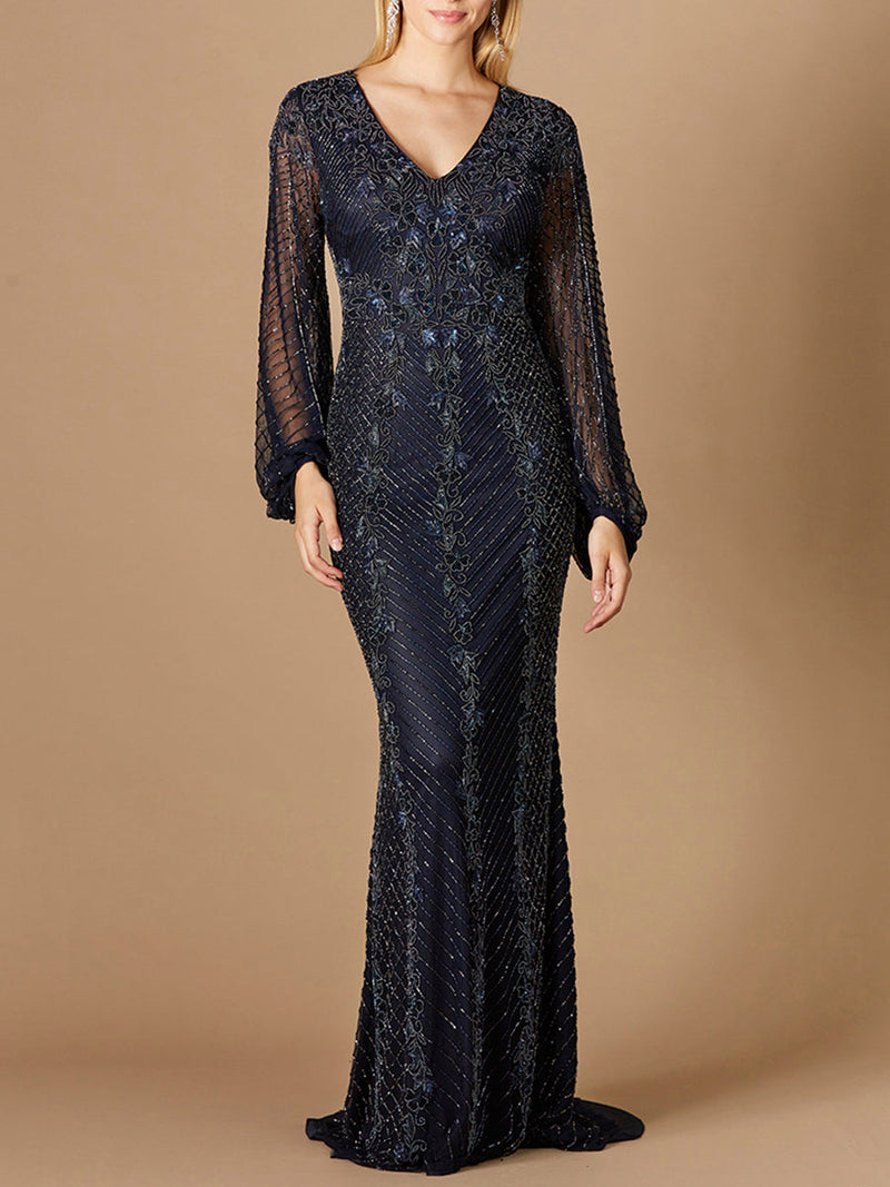 Long Sleeve Beaded Gown with Balloon Sleeves - Glamourous Grace