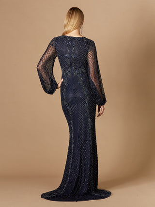 Long Sleeve Beaded Gown with Balloon Sleeves - Glamourous Grace