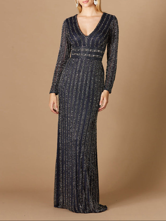 Long Sleeve Belted Beaded Gown - Glamourous Grace