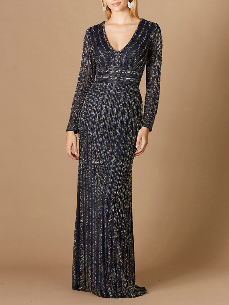 Long Sleeve Belted Beaded Gown - Glamourous Grace