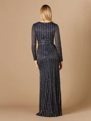 Long Sleeve Belted Beaded Gown - Glamourous Grace