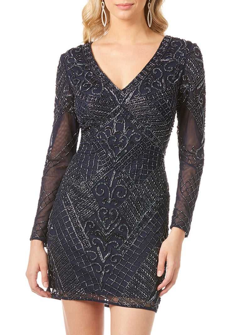 Long Sleeve V-Neck Beaded Cocktail Dress in Navy - Glamourous Grace