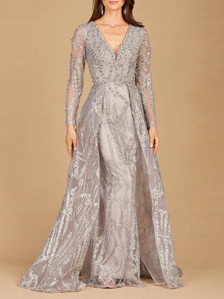 Long Sleeve Lace Gown with Overskirt - Glamourous Grace