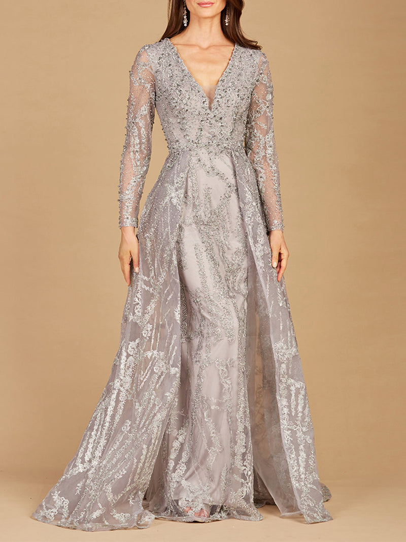 Long Sleeve Lace Gown with Overskirt - Glamourous Grace