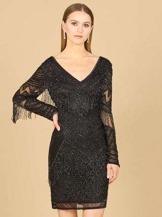 Long Sleeve Beaded V-Neck Fringe Cocktail Mini OUTLET - Glamourous Grace