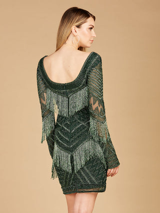 Long Sleeve Beaded V-Neck Fringe Cocktail Mini OUTLET - Glamourous Grace