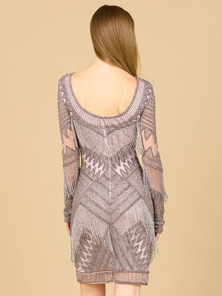 Long Sleeve Beaded V-Neck Fringe Cocktail Mini OUTLET - Glamourous Grace