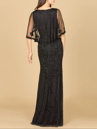 Cape Sleeve V-Neck Beaded Gown