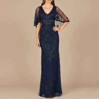 Cape Sleeve V-Neck Beaded Gown
