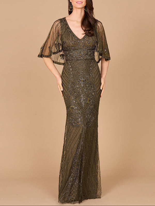 Cape Sleeve V-Neck Beaded Gown | 29356 - Glamourous Grace