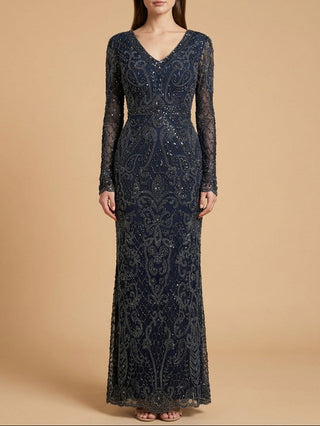 Long Bell Sleeve V-Neck Beaded Gown | 29358 - Glamourous Grace