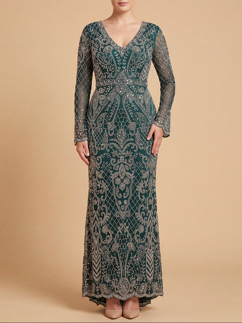 Long Bell Sleeve V-Neck Beaded Gown | 29358 - Glamourous Grace