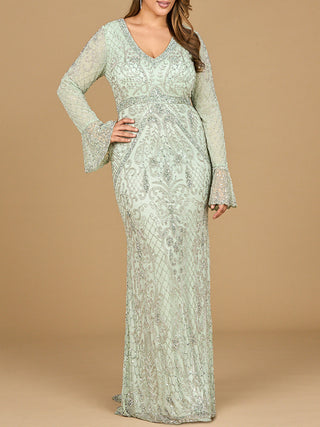 Long Bell Sleeve V-Neck Beaded Gown | 29358 - Glamourous Grace
