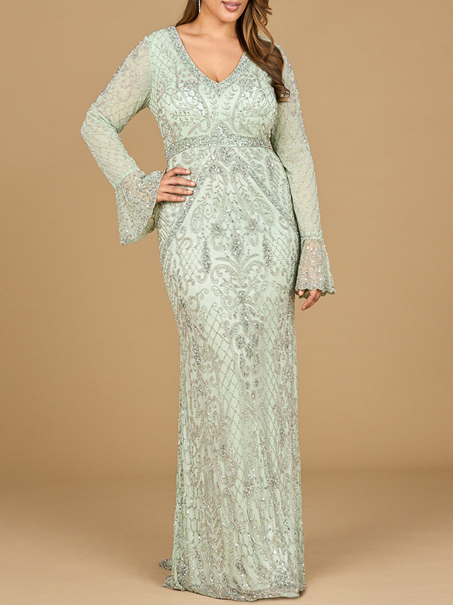 Long Bell Sleeve V-Neck Beaded Gown | 29358 - Glamourous Grace
