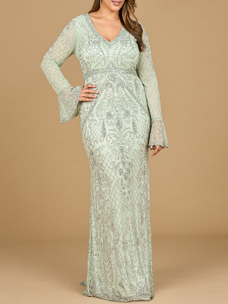 Long Bell Sleeve V-Neck Beaded Gown | 29358 - Glamourous Grace