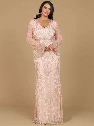 Long Bell Sleeve V-Neck Beaded Gown - Glamourous Grace