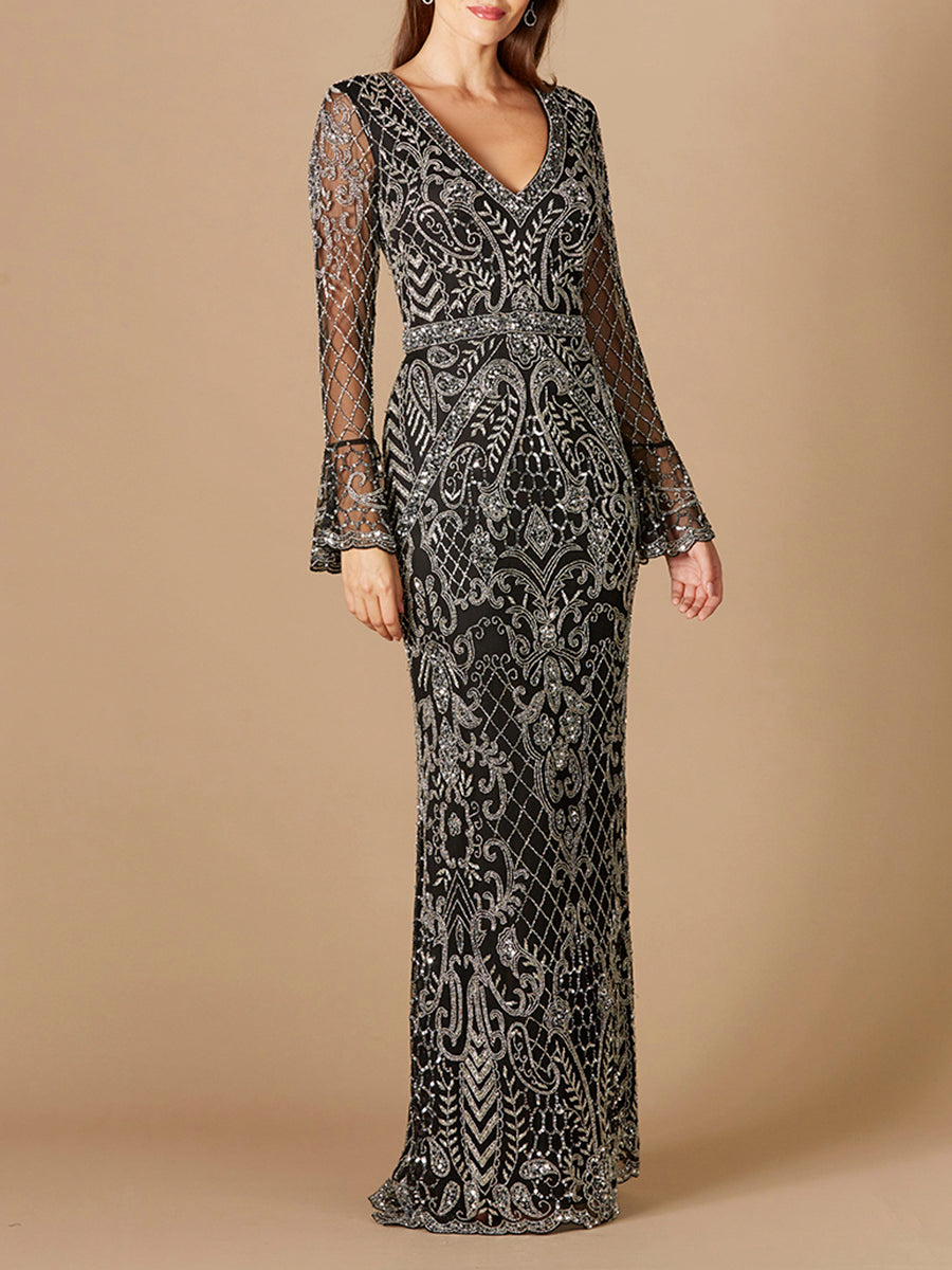 Long Bell Sleeve V-Neck Beaded Gown | 29358 - Glamourous Grace