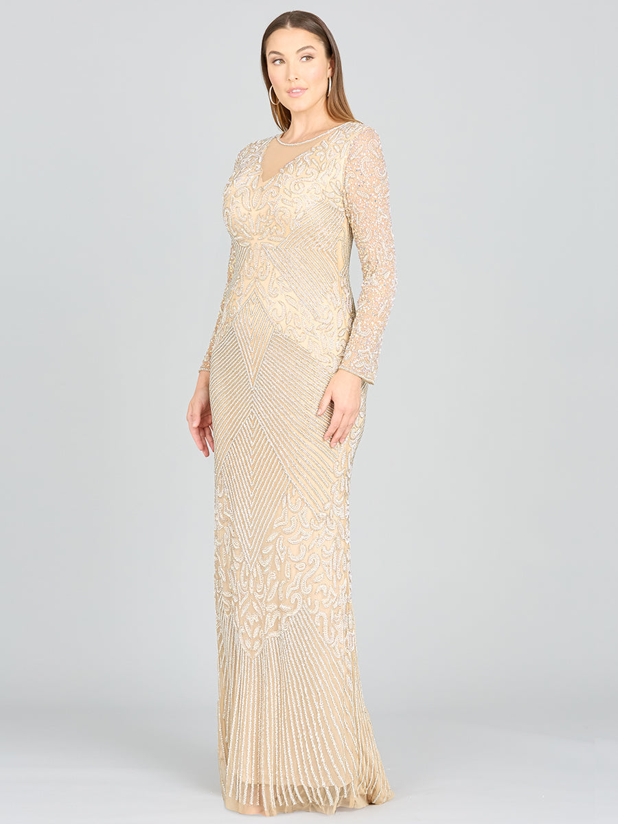 Fitted Long Sleeve Beaded Gown - Glamourous Grace