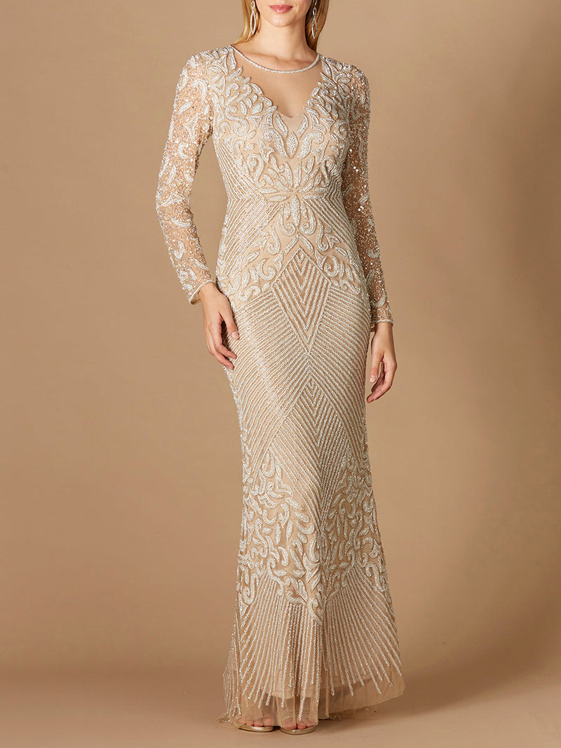 Fitted Long Sleeve Beaded Gown - Glamourous Grace