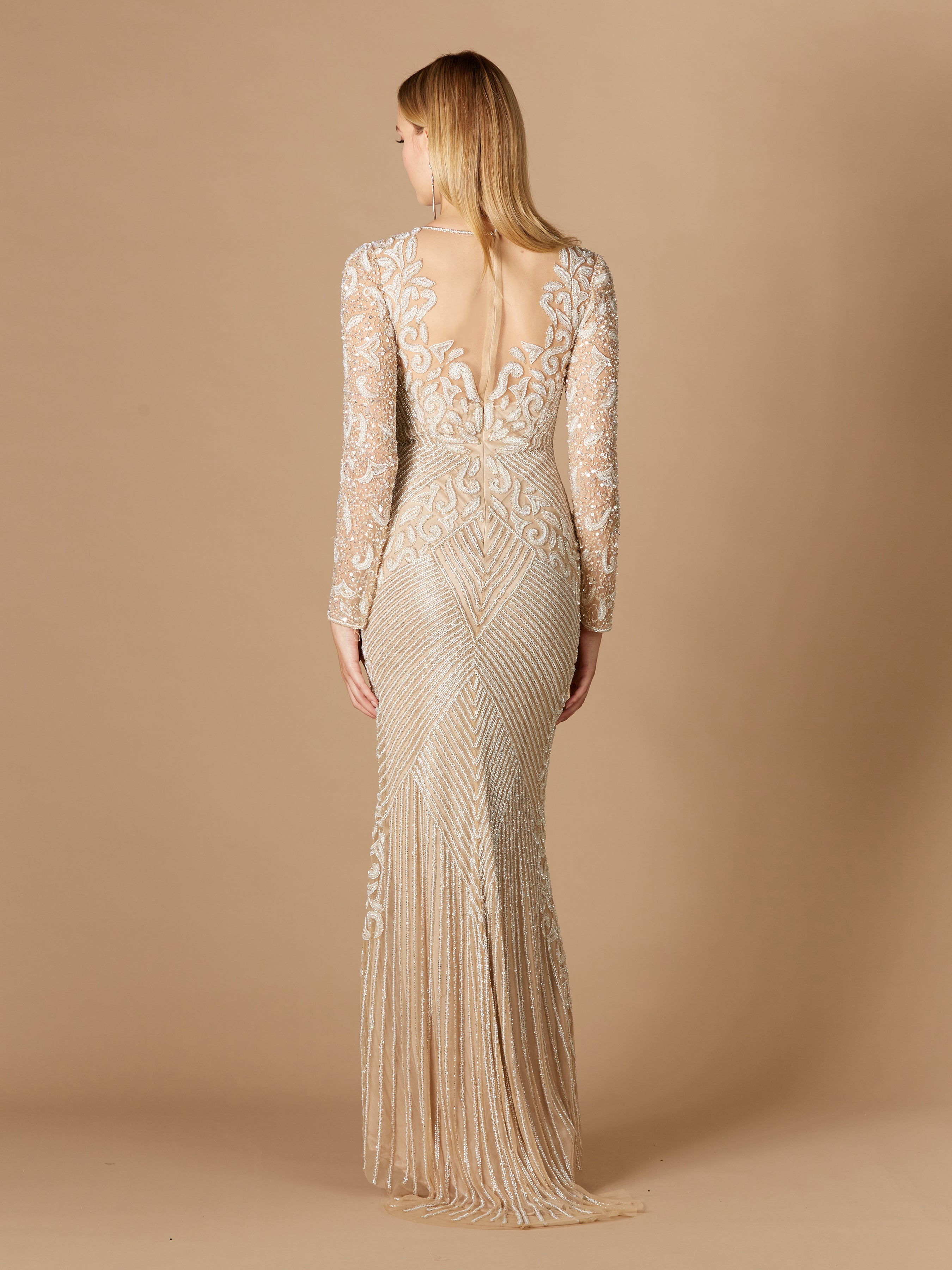 Fitted Long Sleeve Beaded Gown - Glamourous Grace