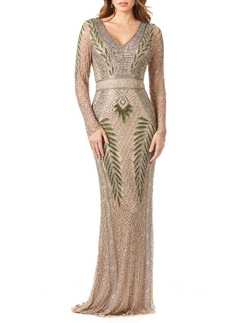 Long Sleeve Contrast Beaded Gown - Glamourous Grace