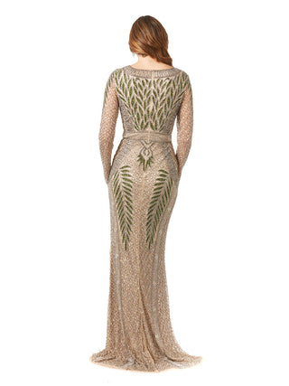 Long Sleeve Contrast Beaded Gown - Glamourous Grace