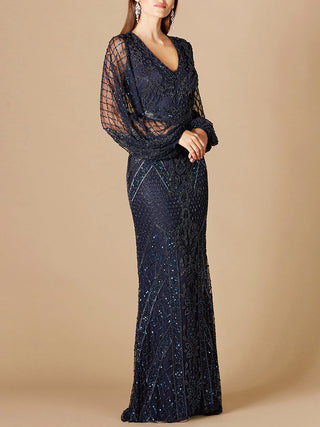 Long Flutter Sleeves Beaded Dress - Glamourous Grace