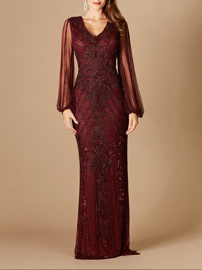 Long Flutter Sleeves Beaded Dress - Glamourous Grace