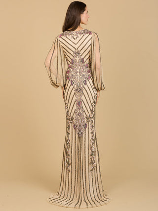 Long Flutter Sleeves Beaded Dress - Glamourous Grace