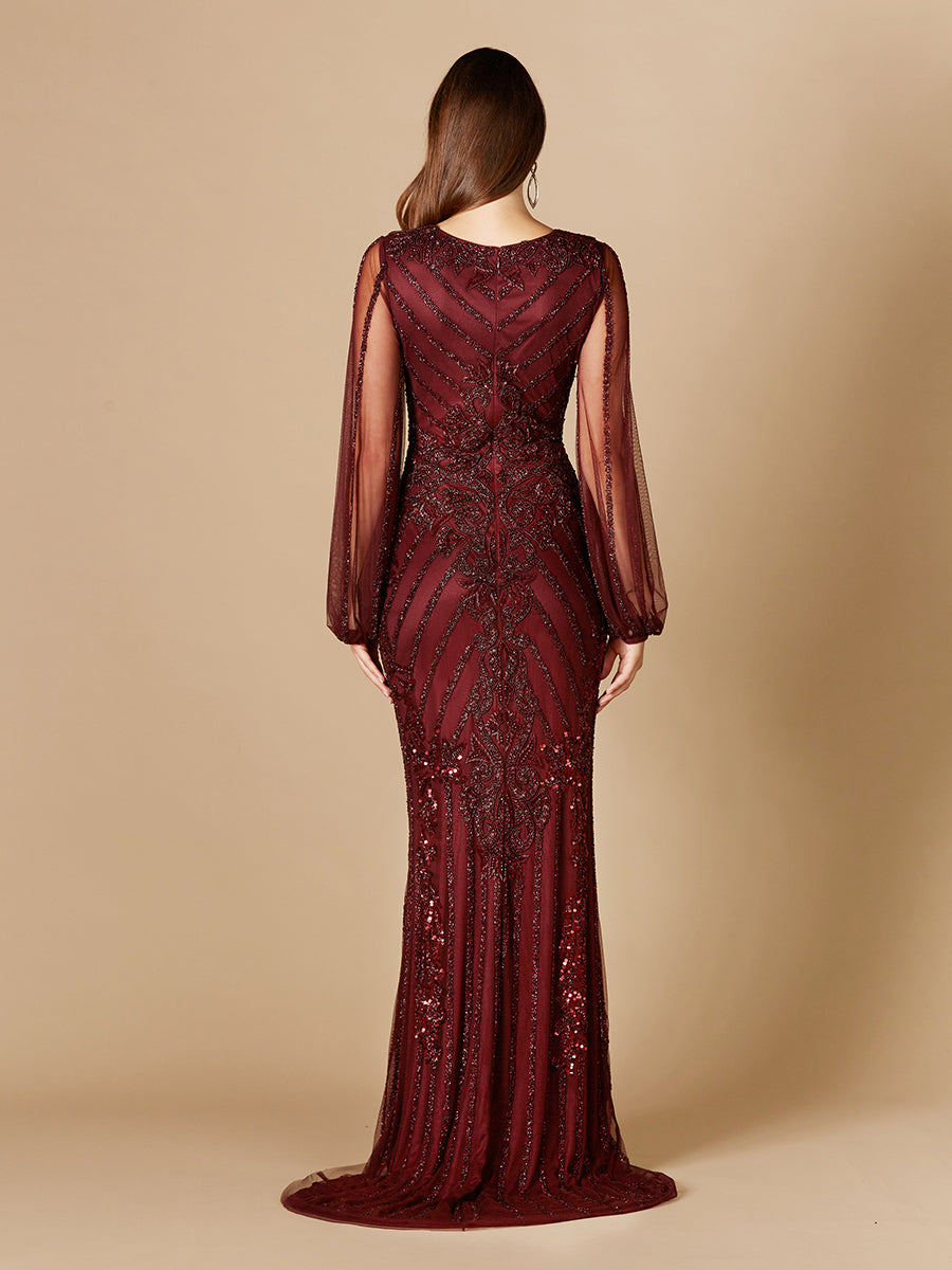 Long Flutter Sleeves Beaded Dress - Glamourous Grace