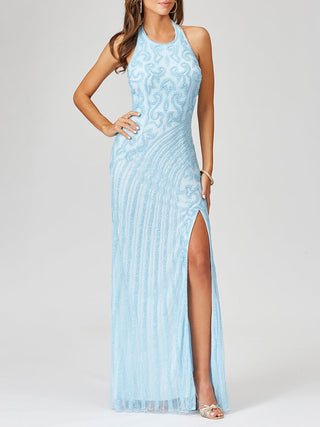 Giselle Beaded Halter Gown with Slit - Glamourous Grace