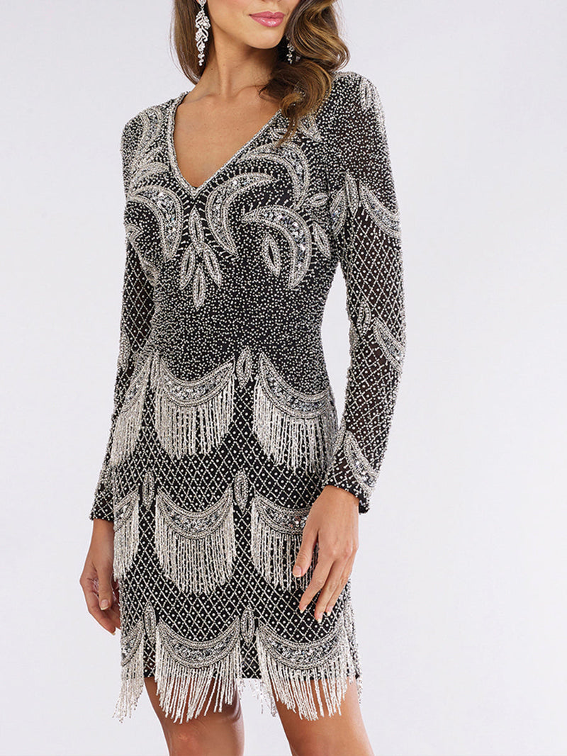 Lara 29377 - Long Sleeve Beaded V-Neck Fringe Cocktail Dress - Glamourous Grace