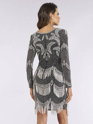 Lara New York long sleeve beaded V-neck fringe cocktail dress, elegant design with intricate beadwork and flowing fringe details.