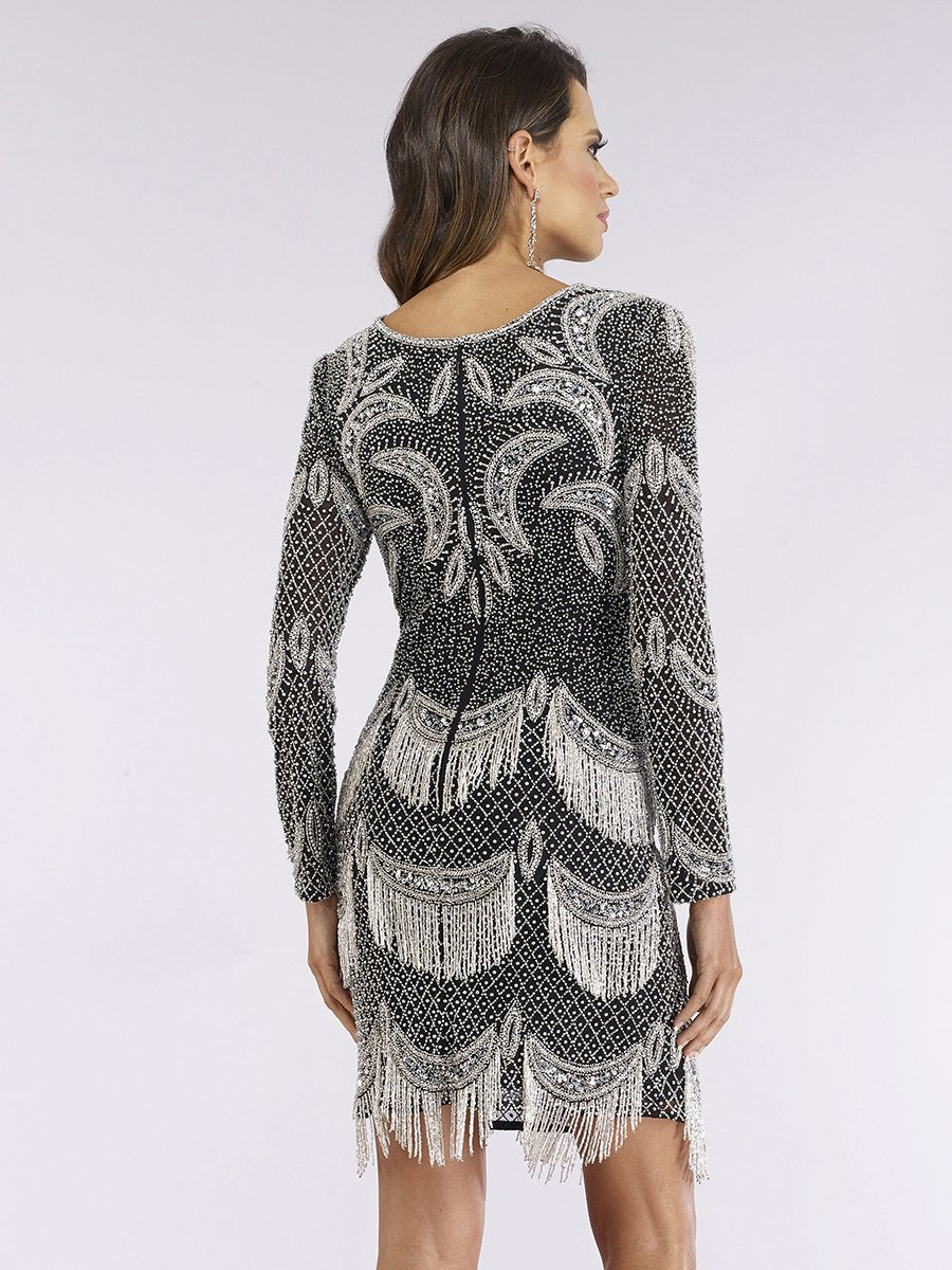 Lara 29377 - Long Sleeve Beaded V-Neck Fringe Cocktail Dress - Glamourous Grace