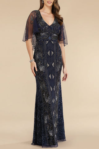 Lara 29393 - Cape Sleeve Beaded Gown - Glamourous Grace