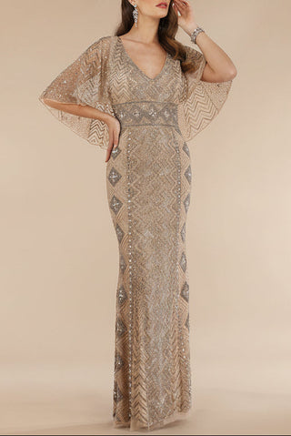Lara 29397 - Cape Sleeve V-Neck Beaded Gown  - OUTLET - Glamourous Grace