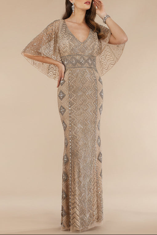Lara 29397 - Cape Sleeve V-Neck Beaded Gown  - OUTLET - Glamourous Grace
