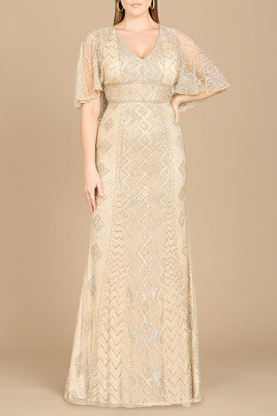 Lara 29397 - Cape Sleeve V-Neck Beaded Gown  - OUTLET - Glamourous Grace