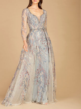 Long Sleeve Contrast Embroidered Gown with Overskirt - Glamourous Grace