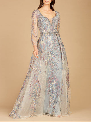 Long Sleeve Contrast Embroidered Gown with Overskirt - Glamourous Grace