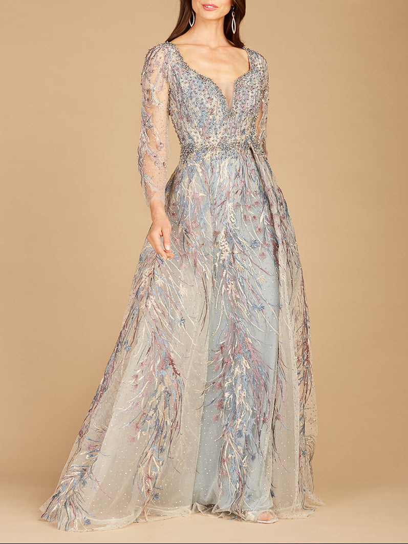 Long Sleeve Contrast Embroidered Gown with Overskirt - Glamourous Grace