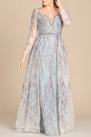 Long Sleeve Contrast Embroidered Gown with Overskirt - Glamourous Grace
